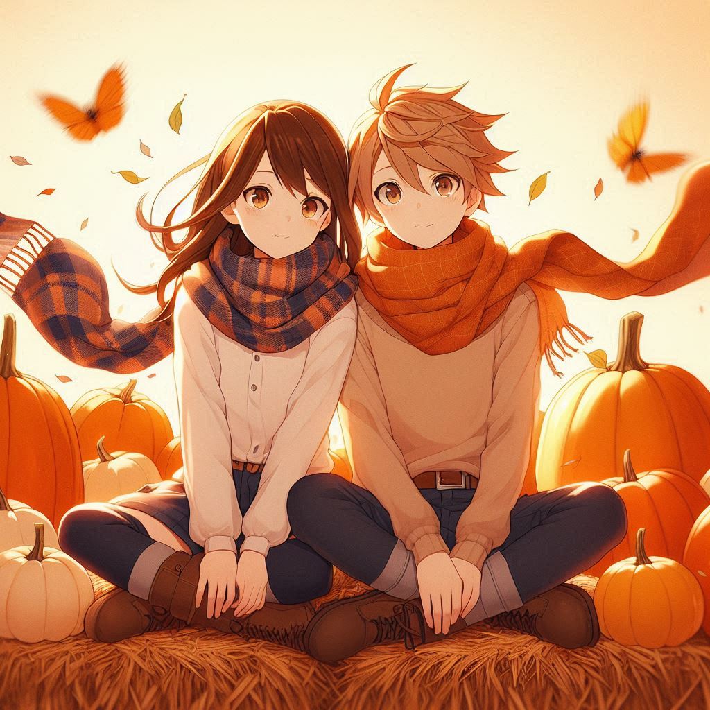 Two anime friends sitting on hay bales surrounded by pumpkins, soft orange tones, scarves fluttering in light breeze.