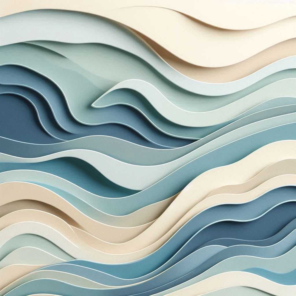 Layered paper-cut style abstract waves in soft blues and creams, subtle shadows for depth, clean composition.